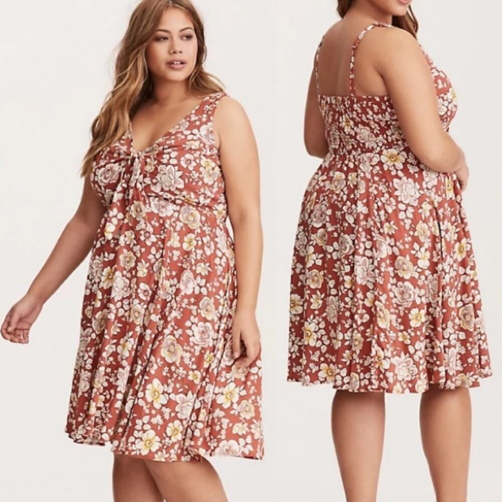 Torrid 2 Brown Floral Challis Tie Front Dress 2X 18 20